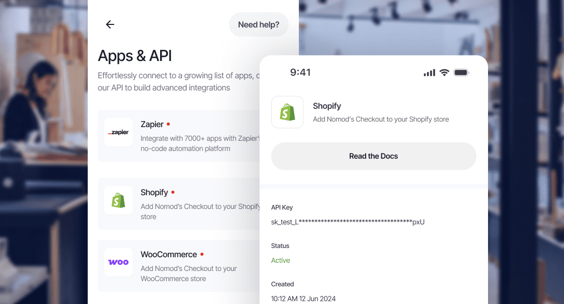 Apps & API screen in the Nomod app listing the Zapier, Shopify, and WooCommerce integrations